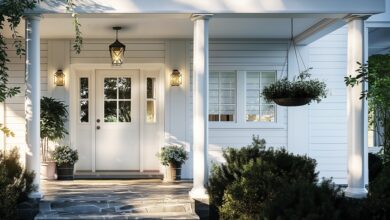 MASTERGRAIN Edge Smooth Fiberglass entry door painted in Decorator White by Sherwin Williams