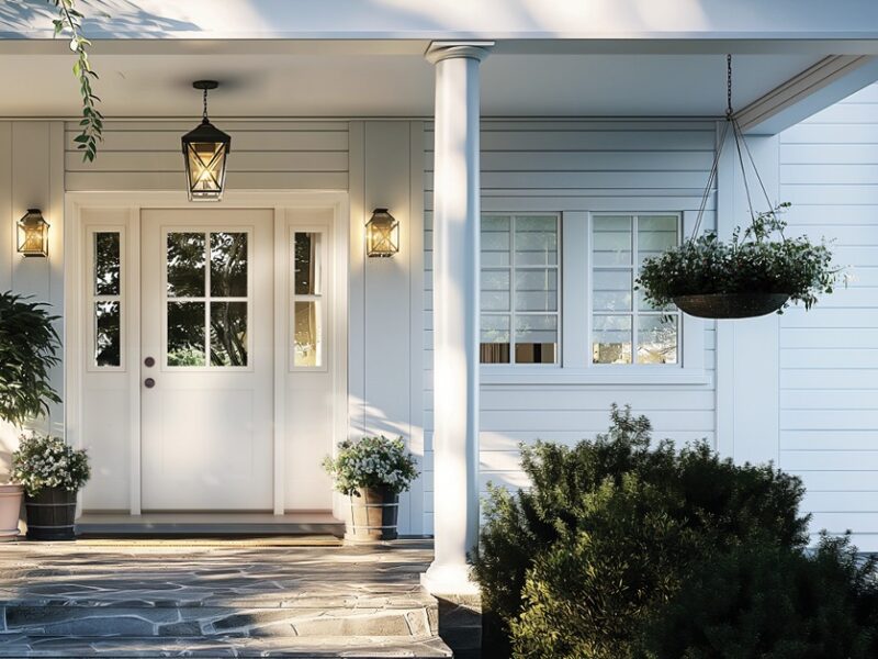 MASTERGRAIN Edge Smooth Fiberglass entry door painted in Decorator White by Sherwin Williams